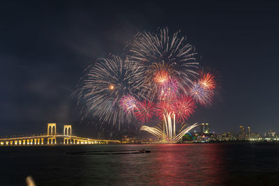 Firework display over river against sky at night