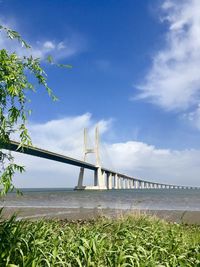 View of suspension bridge against cloudy sky