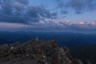 Scenic view of mountain against sky during sunset