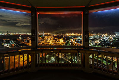 Illuminated city buildings at night