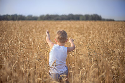 Rear view of boy in field