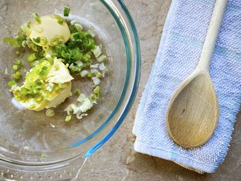 High angle view of vegetables in bowl on table