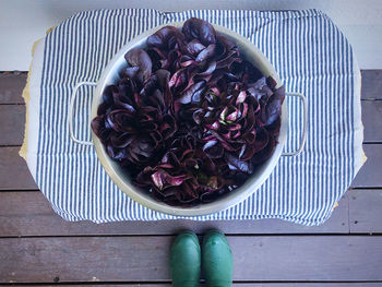 High angle view of fruit in bowl on table