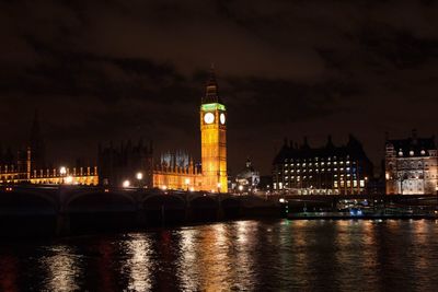 Illuminated buildings in city at night