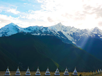 Panoramic view of snowcapped mountains against sky