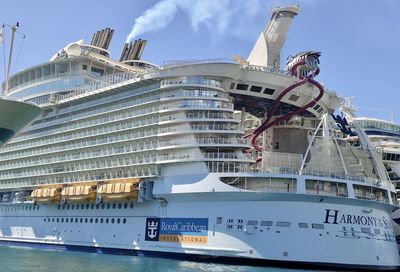 Low angle view of ship moored in sea against sky