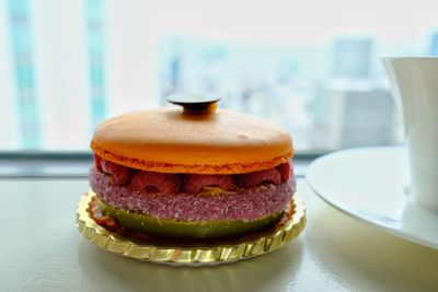 Close-up of burger on table