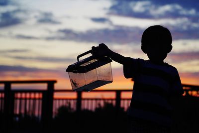 Silhouette boy holding insect in container against cloudy sky during sunset