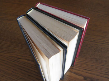High angle view of books table