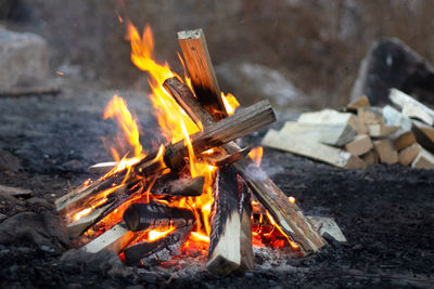 Flames of teepee campfire at campsite at overcast, bonfire with firewood, autumn relax camping mood