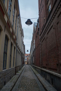 Narrow street between buildings in city