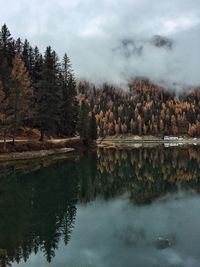 Scenic view of lake in forest against sky