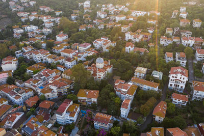 High angle view of townscape and trees in town