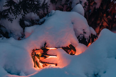 Low angle view of bonfire on snow covered land