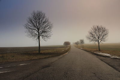 Empty road amidst bare trees on field against sky