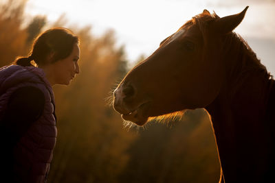 Side view of mid adult woman looking at horse while standing against trees during sunset