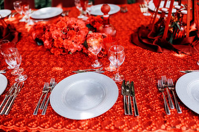 High angle view of meal served on table at restaurant