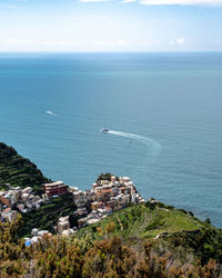 High angle view of sea and cityscape against sky