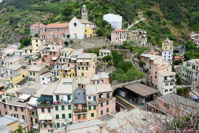 High angle view of buildings in town