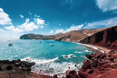 Scenic view of bay against sky