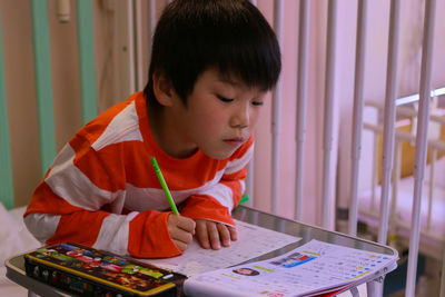 Concentrated boy doing homework