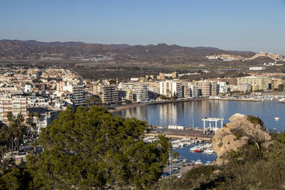 High angle view of buildings in city