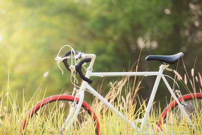 Close-up of bicycle wheel on field