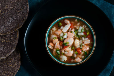 High angle view of soup in bowl