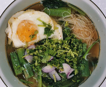 High angle view of soup in bowl