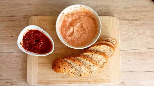 High angle view of breakfast on table