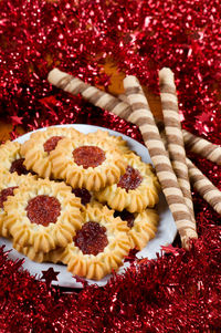 Close-up of cookies with chocolate sticks on table