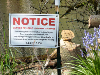 Close-up of warning sign on plant