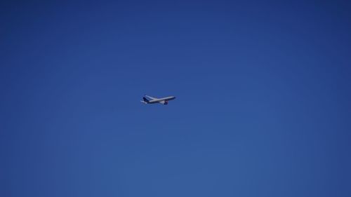 Low angle view of airplane against clear blue sky