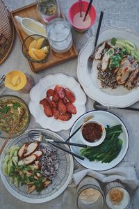 High angle view of food served on table