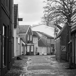 Beautiful alley in denmark with buildings in black and white