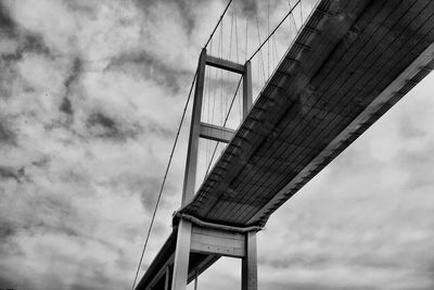 Low angle view of suspension bridge against cloudy sky