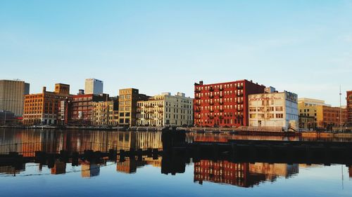 Reflection of buildings in calm water