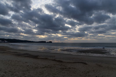 Scenic view of beach against sky during sunset