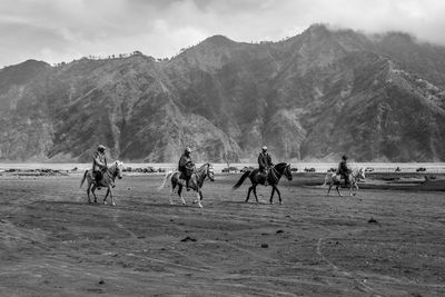 People riding horses on land against mountains and sky