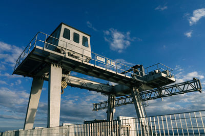 Low angle view of crane against sky