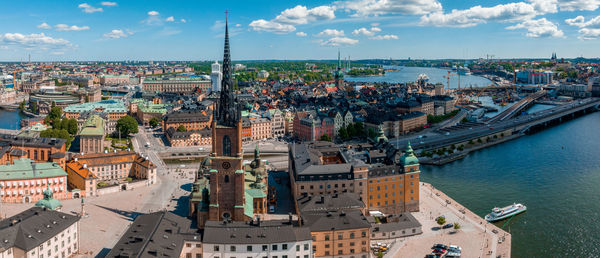 Aerial panoramic view of the old town, gamla stan, in stockholm.