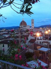 View of city lit up at night