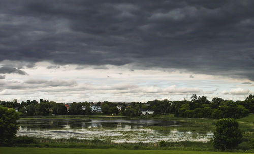 Scenic view of lake against cloudy sky