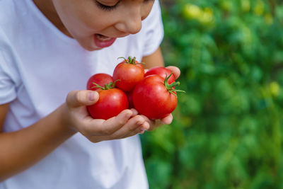 Midsection of woman holding tomatoes