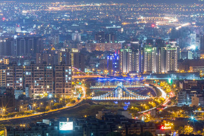 High angle view of city at night