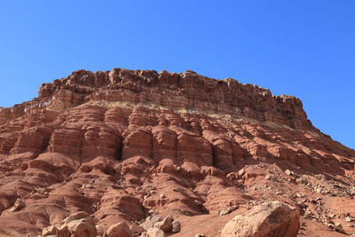 Low angle view of rock formation against clear blue sky