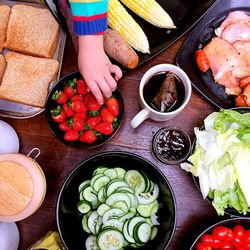 High angle view of child eating food