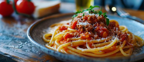 Close-up of noodles in plate on table