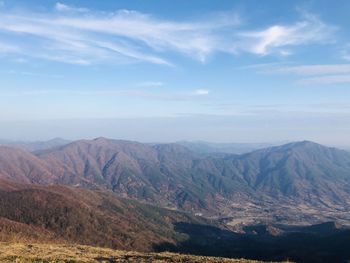 Scenic view of mountains against cloudy sky