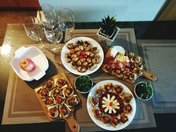 High angle view of fruits in bowl on table